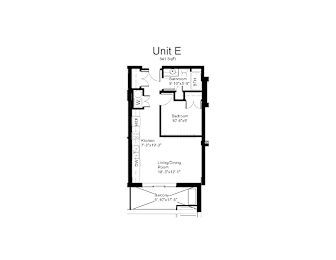 Floorplan of a 1 bedroom, 1 bathroom unit