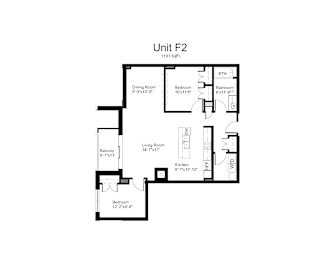 Floorplan of a 1 bedroom, 2 bathroom unit with a den