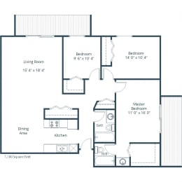 South Point Apartments | Three Bedroom Floor Plan B