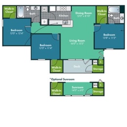 3 Bedroom 2 Bath Floorplan for Hatteras at Abberly Grove Apartment Homes by HHHunt, Raleigh, 27610