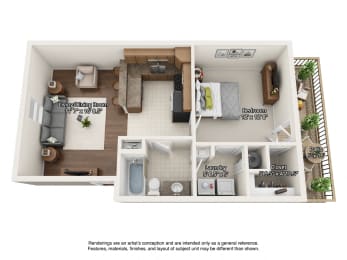 1 bedroom 3 dimensional floorplan upstairs