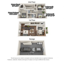 A 3D floorplan of the 3 bedroom layout at Stone Crest Townhomes