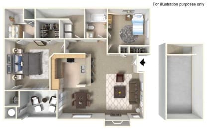 PLAN C + 1 Car Garage 2 bedroom 2 bathroom Floor plan at Milan Apartment Townhomes, Las Vegas, 89183