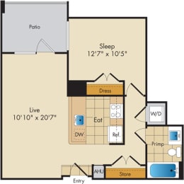  Floor Plan 1 Bed 1 Bath-A6b