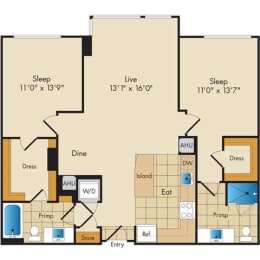  Floor Plan 2 Bed 2 Bath-B3b