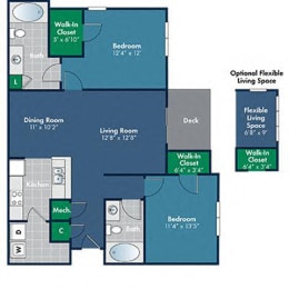 2 bedroom 2 bathroom 1068 Square-Foot Jura Floorplan at Abberly Place at White Oak Crossing, Garner, NC