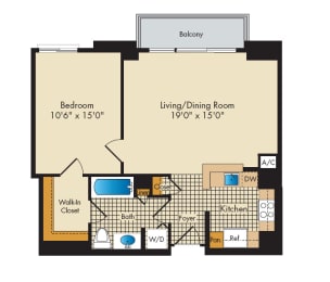 1 bedroom apartments with balcony floor plan in Bethesda  MD