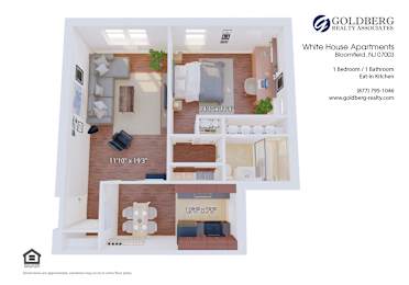  Floor Plan One Bedroom 1 bath Eat in Kitchen