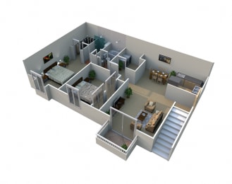 3D floor plan with open concept layout at Pilgrim Village - Canton, MI Apartments, Canton, Michigan