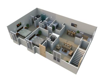 3D floor plan with open living and multiple bedrooms at Pilgrim Village - Canton, MI Apartments, Canton, MI 48187