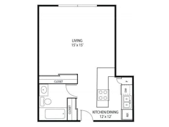 Studio 1  Bath   425 Sq. Ft. | Aspen Floor Plan at Minnehaha Manor Apartments in Oakdale, MN