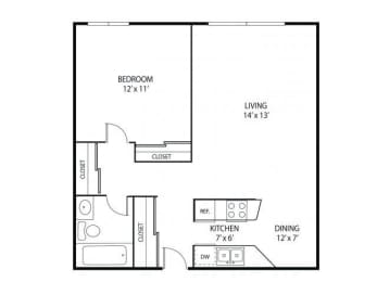1 Bedroom 1 Bathroom 625 Sq. Ft. | Birch Floor Plan at Minnehaha Manor Apartments in Oakdale, MN