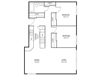 2 Bedroom 1 Bathroom 925 Sq. Ft. | Cedar Floor Plan at Minnehaha Manor Apartments in Oakdale, MN