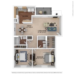 2 bed 2 bathroom A The Burke Floor Plan at Lake Johnson Mews  Apartments, PRG Real Estate Management, Raleigh