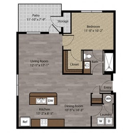 One Bedroom Floor Plan at Landings Apartments, The, Nebraska