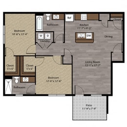 Two Bedroom Floor Plan at Landings Apartments, The, Bellevue, NE