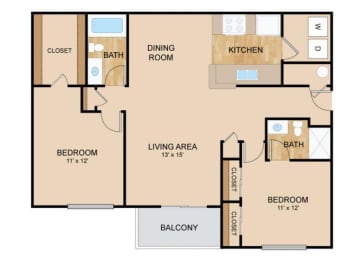2 Bedroom  2 Bath Floor Plan, at Tiburon View Apartments, 16895 Oakmont Dr, NE 68136