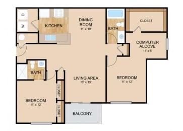 2 Bedroom  2 Bath Floor Plan, at Tiburon View Apartments, 16895 Oakmont Dr, Omaha