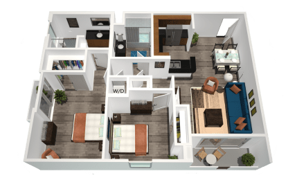 a 3d rendering of the first floor of a two bedroom apartment at Legacy Apartments, Northridge California
