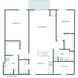 1174 SF Two Bedroom Two Bath Floor Plan 22B at Georgetown on the River Apartments, Minnesota, 55432