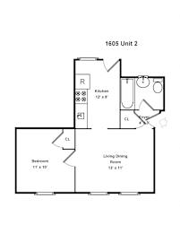  Floor Plan 1 Bedroom - 1 Bathroom