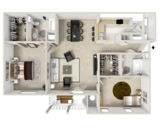 Two Bedroom, Two Bathroom Floor Plan at Reserve at Park Place Apartment Homes, Mississippi, 39402
