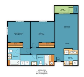 2 Bed Floor Plan at Camelot Apartment Homes, Everett, Washington