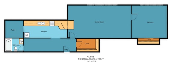 One Bedroom One Bath Floor Plan at Carolina Court Apartment Homes, Seattle, WA, 98109