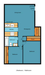 2 Bedroom Floor Plan at Pinewood Square Apartment Homes, Lynnwood, WA, 98036