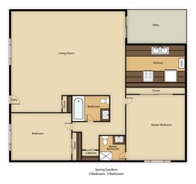 A floor plan of a Spring Gardens 2 Bedroom, 2 Bathroom apartment.