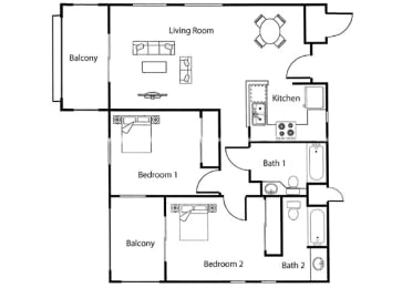  Floor Plan 2 Bed  2 Bath