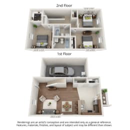 3 dimensional floorplan view of 3 bedroom apartment