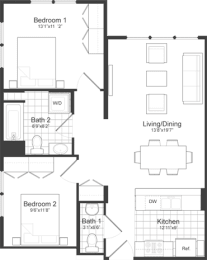 2 Bedroom 1.5 Bathroom Floor Plan at Park87, Cambridge, MA 02138