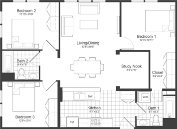 3 Bedroom Plus Floor Plan at Park87, Cambridge, MA