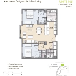 2 bedroom 2 bathroom floor plan at 7 Cameron, Cambridge, MA 02140