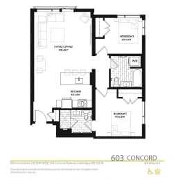 2 bedroom 2 bathroom floor plan M at 603 Concord Apartments, Cambridge 02138