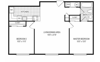  Floor Plan 2 Bed 1 Bath - A