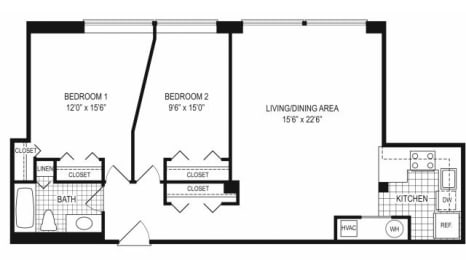  Floor Plan 2 Bed 1 Bath - B