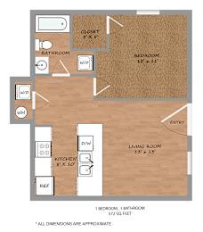 1 Bedroom 1 Bath Floor Plan at The Talon, Denton, 76209