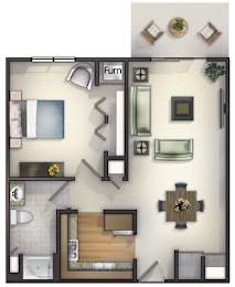 Floor Plan  1 Bedroom, 1 Bath Floorplan at Highlands at Riverwalk Apartments 55+