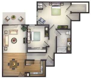Floor Plan  2 Bedroom, 1 Bath Courtyard Floorplan at Highlands at Riverwalk Apartments 55+