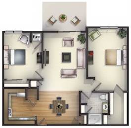 Floor Plan  2 Bedroom, 1 Bath  Floorplan at Highlands at Riverwalk Apartments 55+