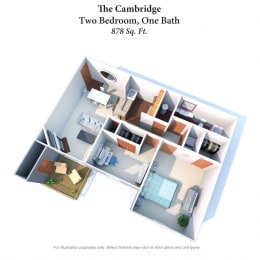 2 Bedroom 1 Bath Floor Plan at Woodhills Apartments, West Carrollton, 45449