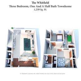 3 Bedroom 1.5 Bath Townhome Floor Plan at Woodhills Apartments, West Carrollton, Ohio