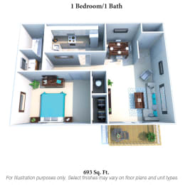 1 bed 1 bathroom floor plan A at Oakwood Apartments, Florence