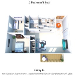 2 bed 1bath floor plan A at Oakwood Apartments, Kentucky, 41042