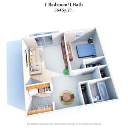 1b1b 564SqFt Floor Plan at Summit East - A Senior Community, Cincinnati, 45237