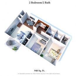 2b2b 940SqFt Floor Plan at Fox Run Apartments, Cincinnati