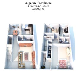 Three Bed Two Bath Floor Plan at Forest Park Apartments, Forest Park, OH, 45240