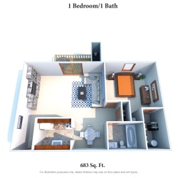 1 Bedroom 1 Bath Floor Plan at Four Worlds Apartments, Cincinnati, OH